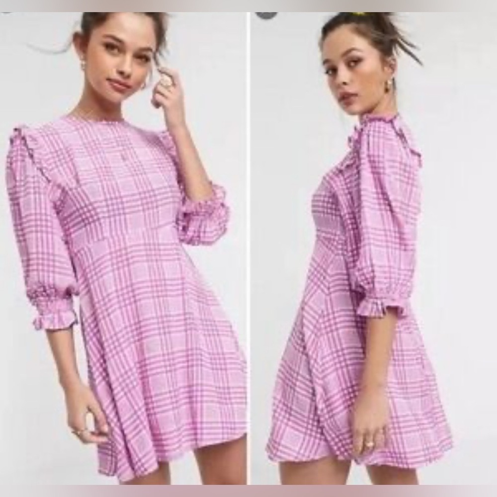 Faithfull The Brand Edwina Mini Dress in Iris Pink Djerra Check EUC Size 4/Small